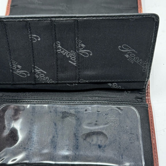 Fossil Black Leather Trifold Wallet Cards Checkbook Brown Trim Vintage - Picture 7 of 10